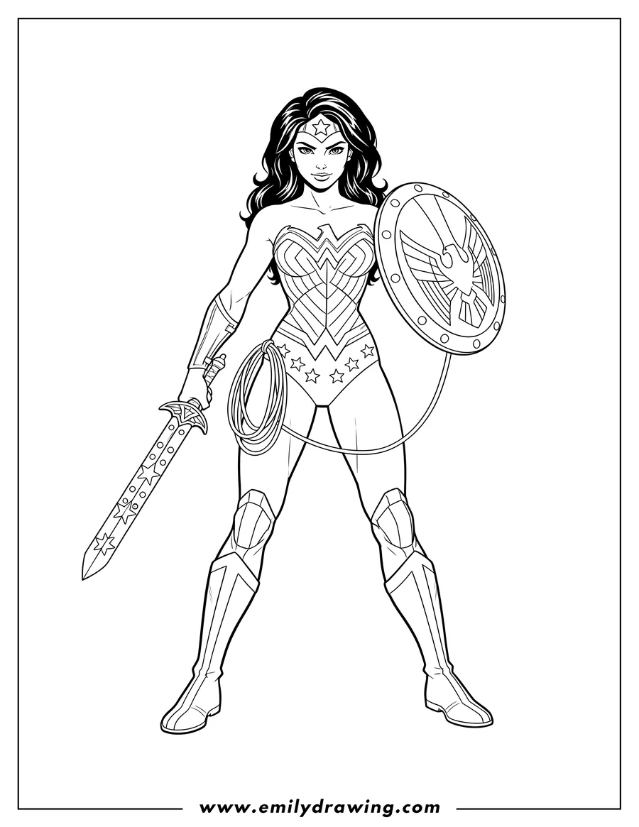 Free printable coloring sheet of wonder Woman Standing Heroically, Holding Sword And Shield, With Her Lasso