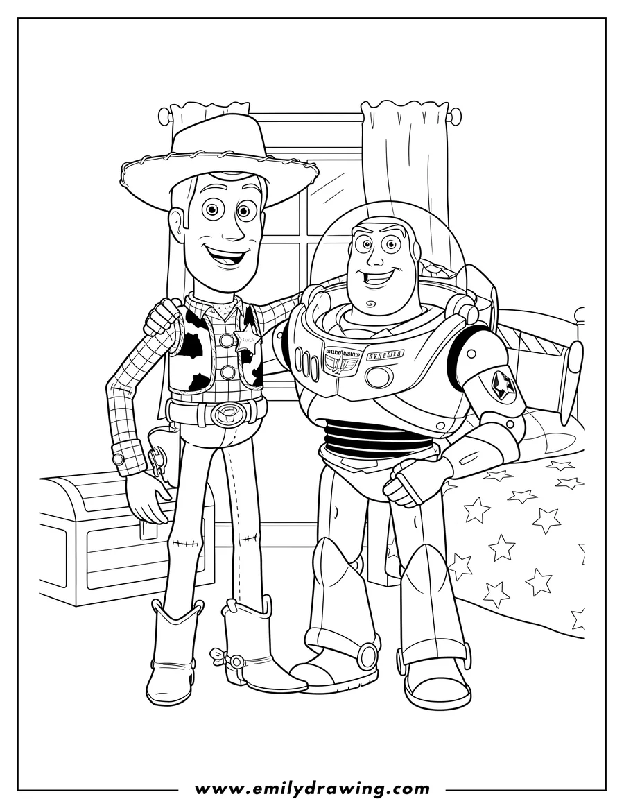 Black and white line art of woody and Buzz Lightyear standing together, smiling, with arms around each other in Andy's room