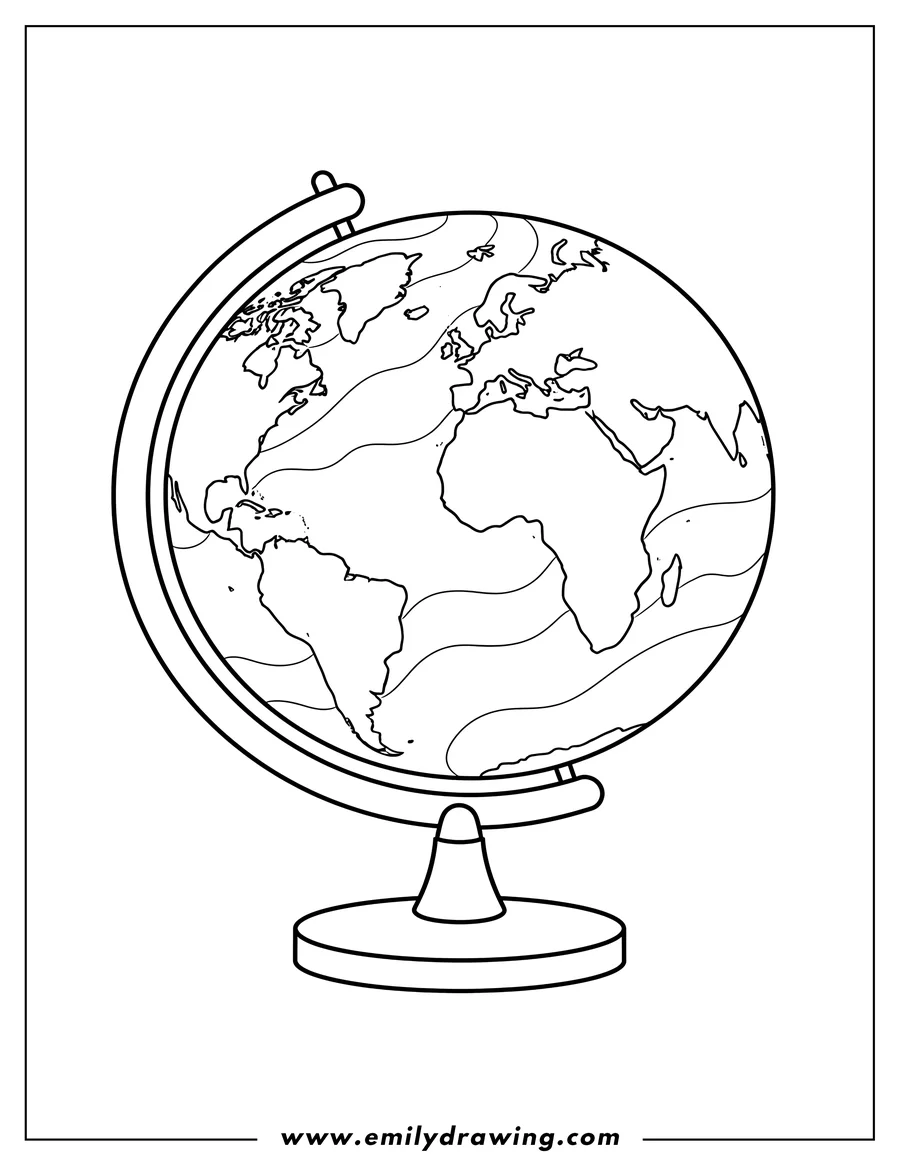 Doodle style coloring picture of easy World Globe on a Stand with Continents