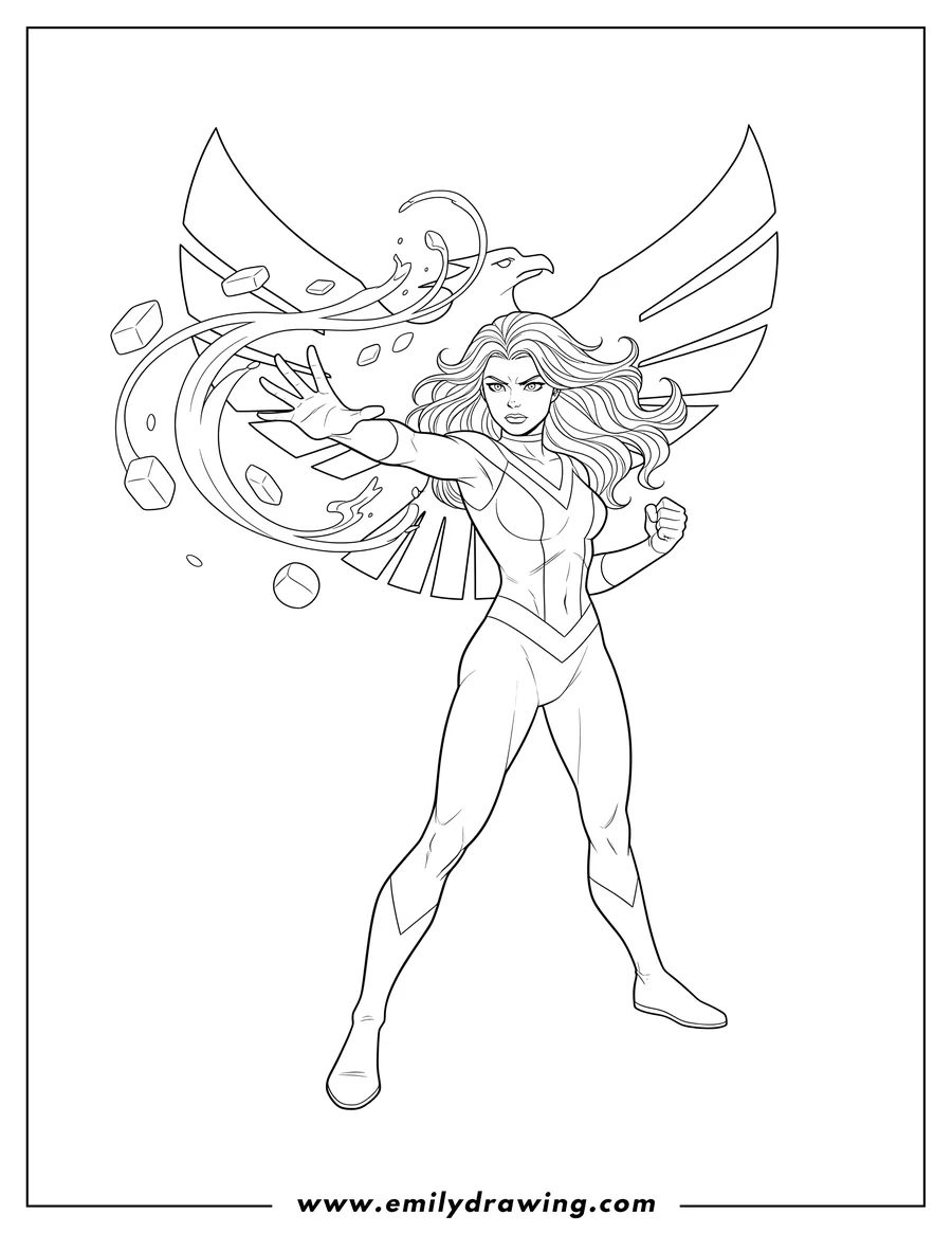 Coloring page for kids: X Men Phoenix using telekinesis with an outstretched hand and determined expression