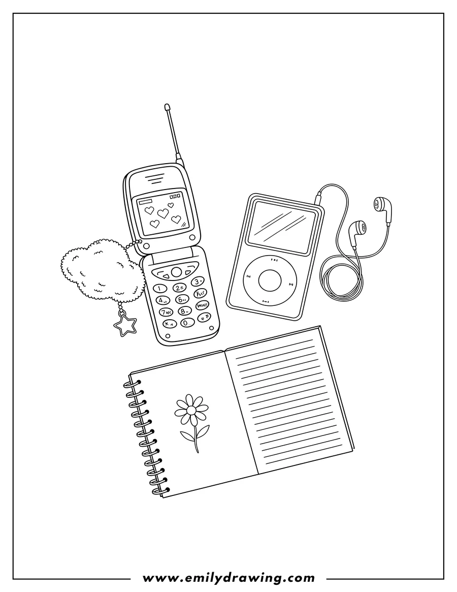 Outline drawing of Y2K flip phone with a fluffy charm, an iPod with earphones, and a spiral notebook