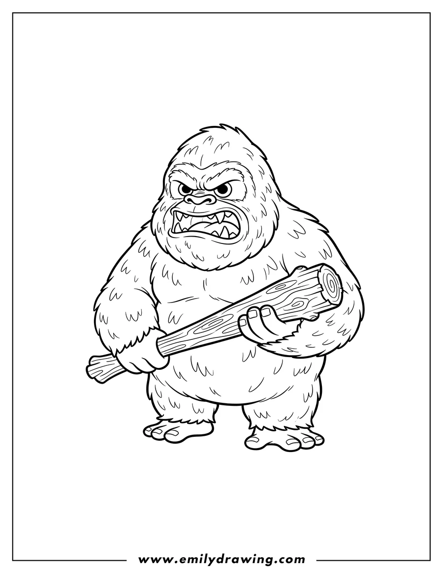 Coloring page of easy Yeti standing with an angry face, holding a club