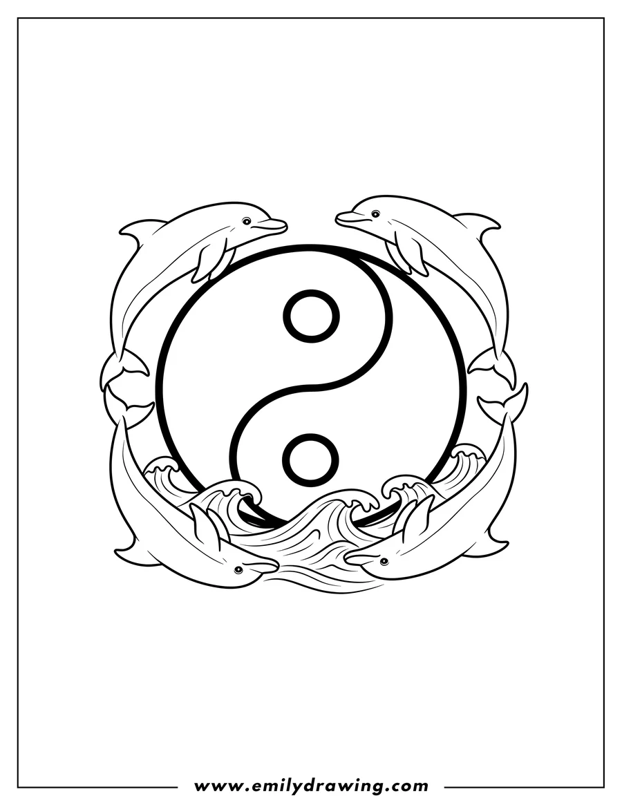 Coloring page for kids: easy Yin And Yang Symbol with four leaping dolphins encircling it in the ocean