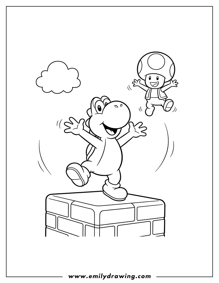 Coloring page for kids: yoshi And Toad Bouncing, Yoshi on a block with arms up and Toad floating