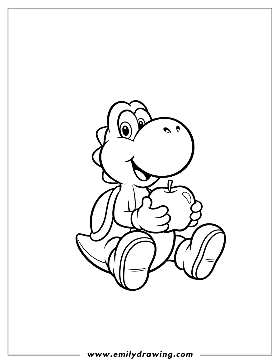 Vector style outline of easy Yoshi sitting, smiling, and holding an apple