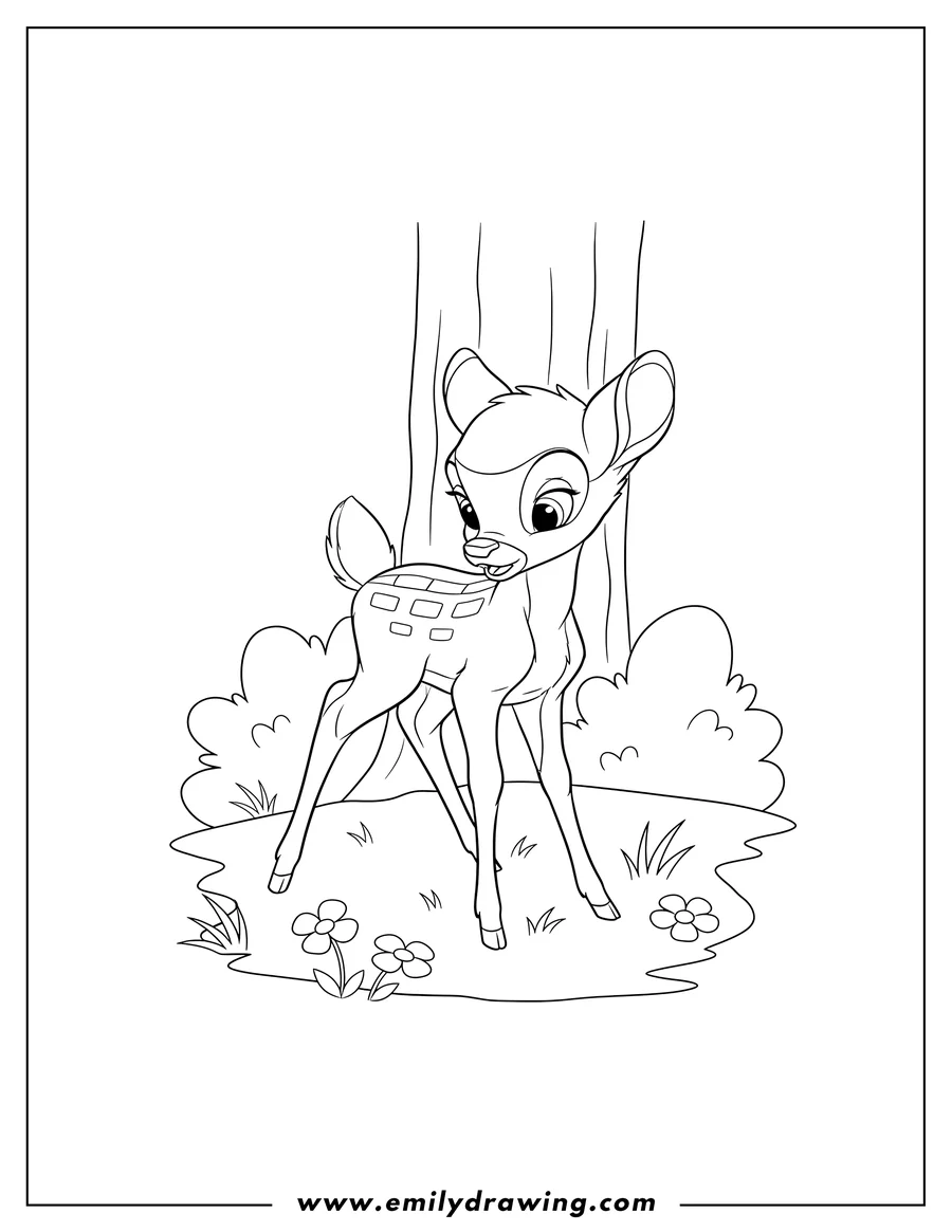 Coloring sheet featuring young Bambi standing