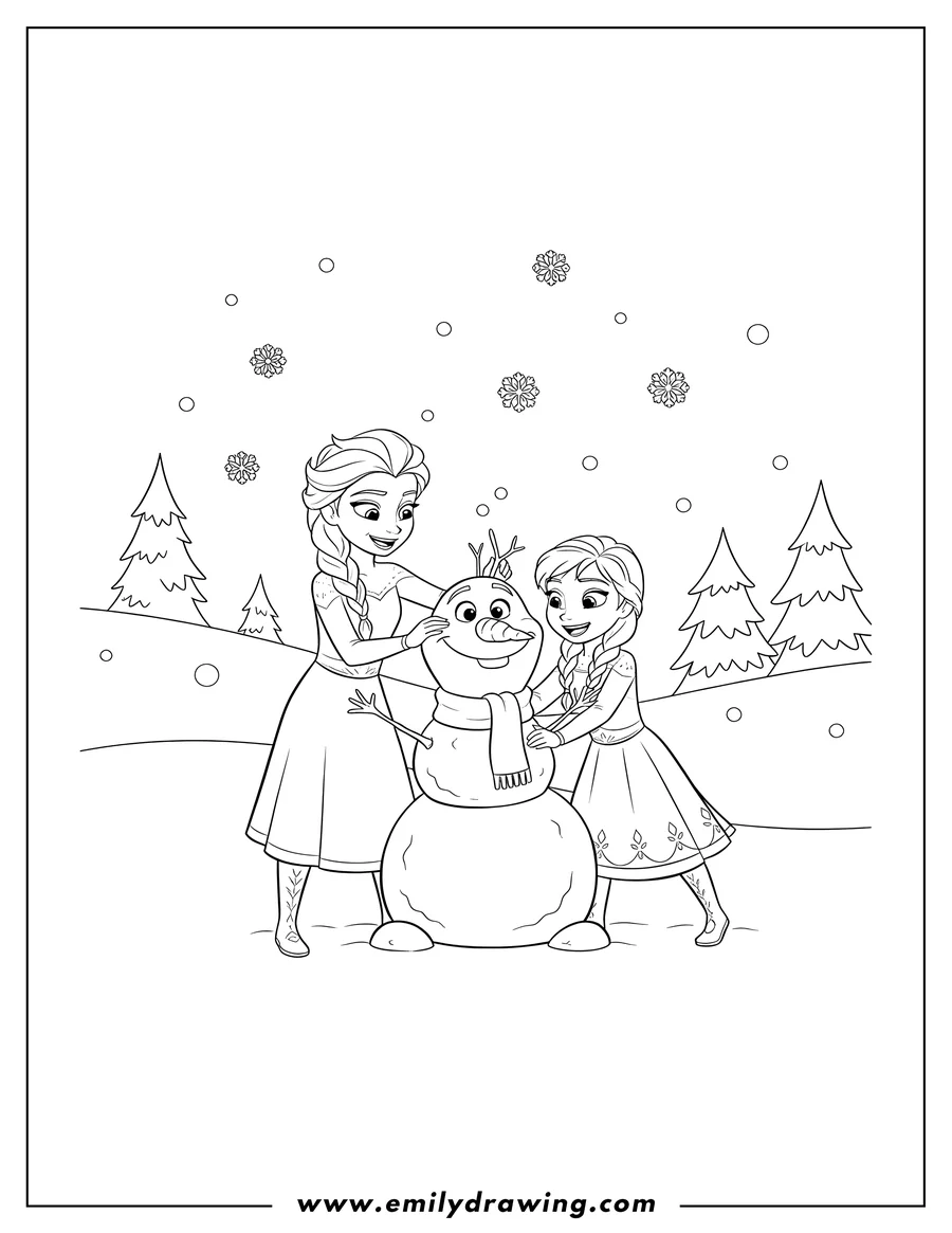 Printable line art of young Elsa and Anna building a snowman