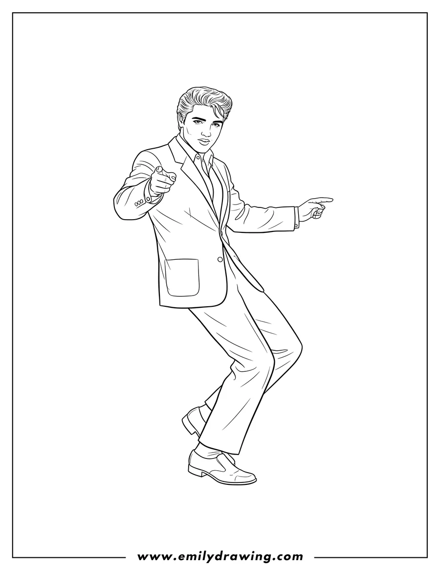 Vector style outline of young Elvis Presley Dancing in a suit, pointing his finger