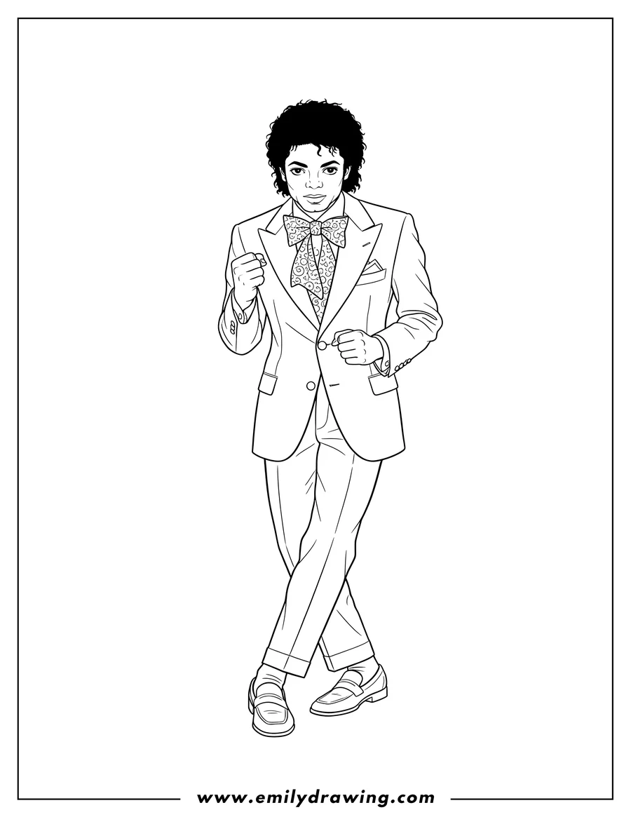 Simple sketch of young Michael Jackson wearing a bowtie and suit jacket, leaning forward with one hand clenched, legs crossed in a dance step to color