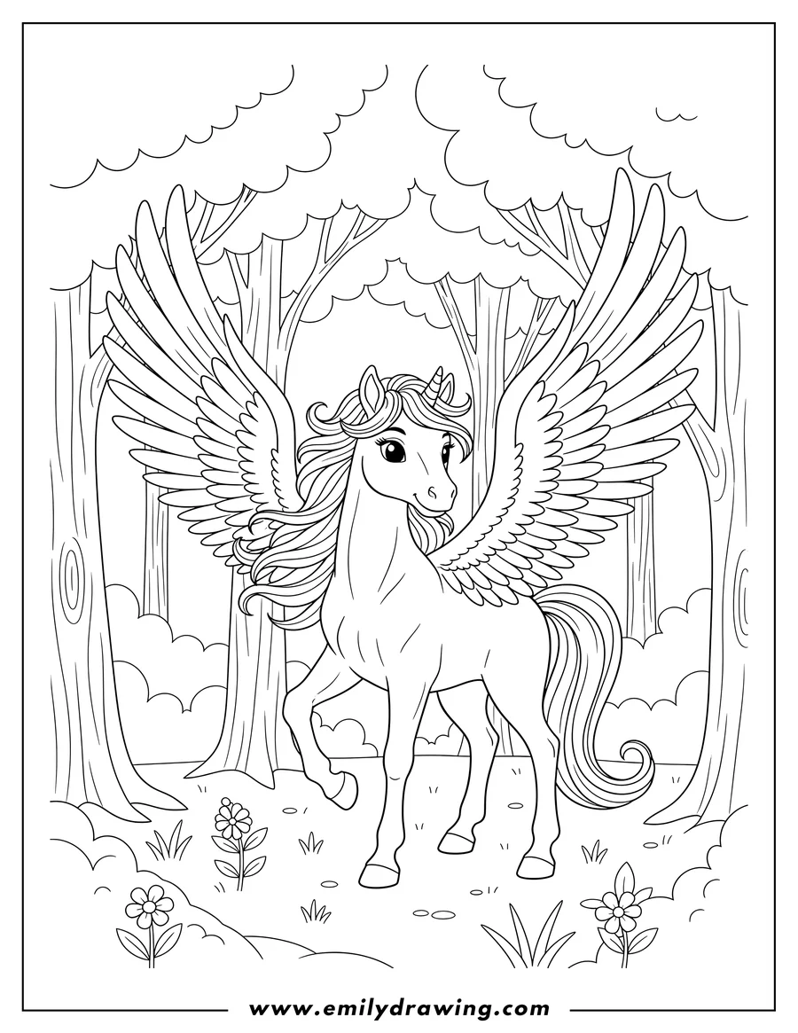Linear illustration of young Pegasus standing with spread wings in a forest