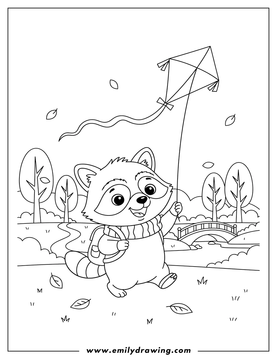 High quality printable young Raccoon smiling and walking, flying a kite in a park at fall for coloring