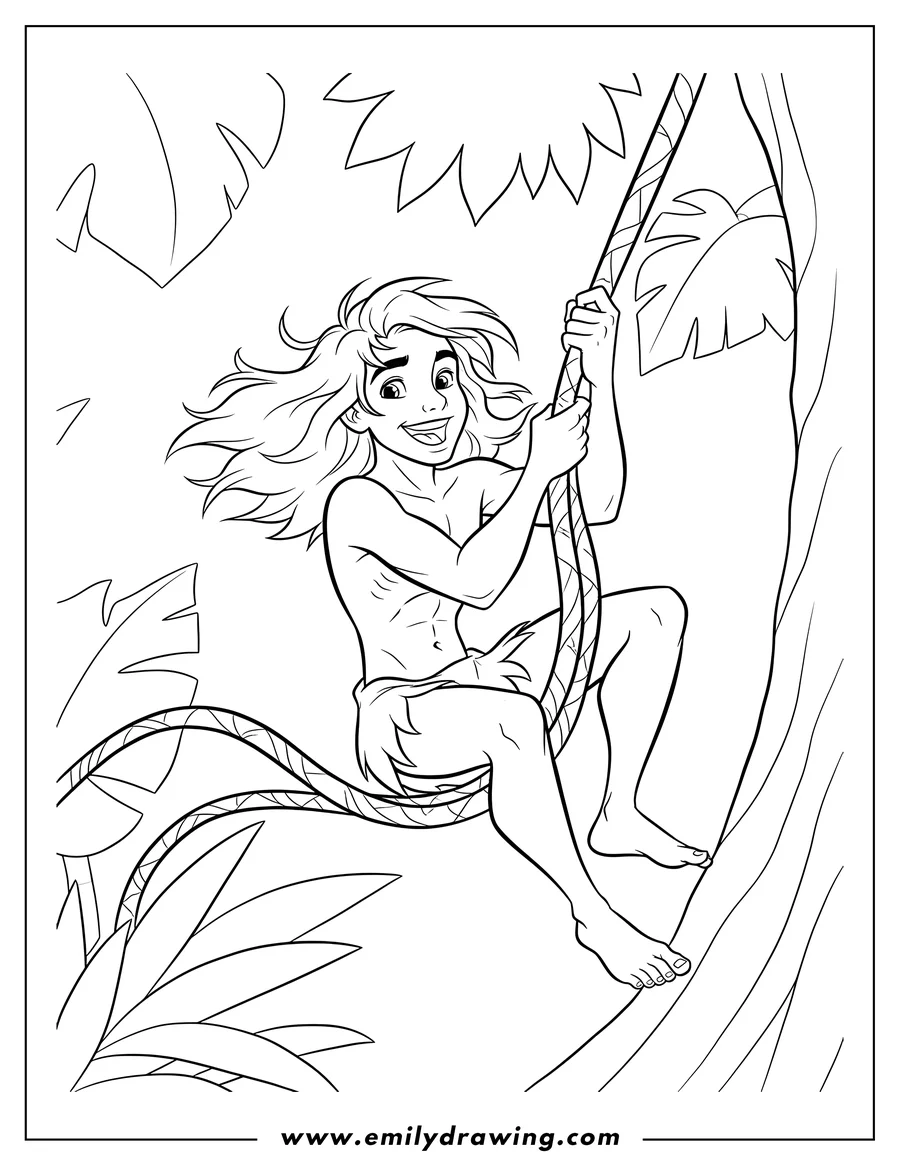 Black and white line art of young Tarzan smiling, swinging on vines with flowing hair
