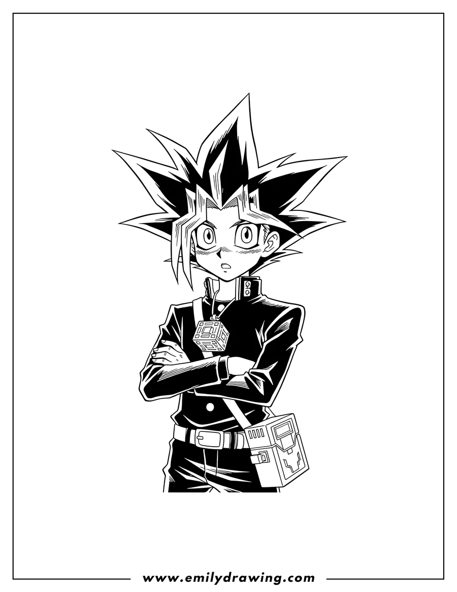 Doodle style coloring picture of yugi Mutou From Yu Gi Oh with arms crossed and wide eyes