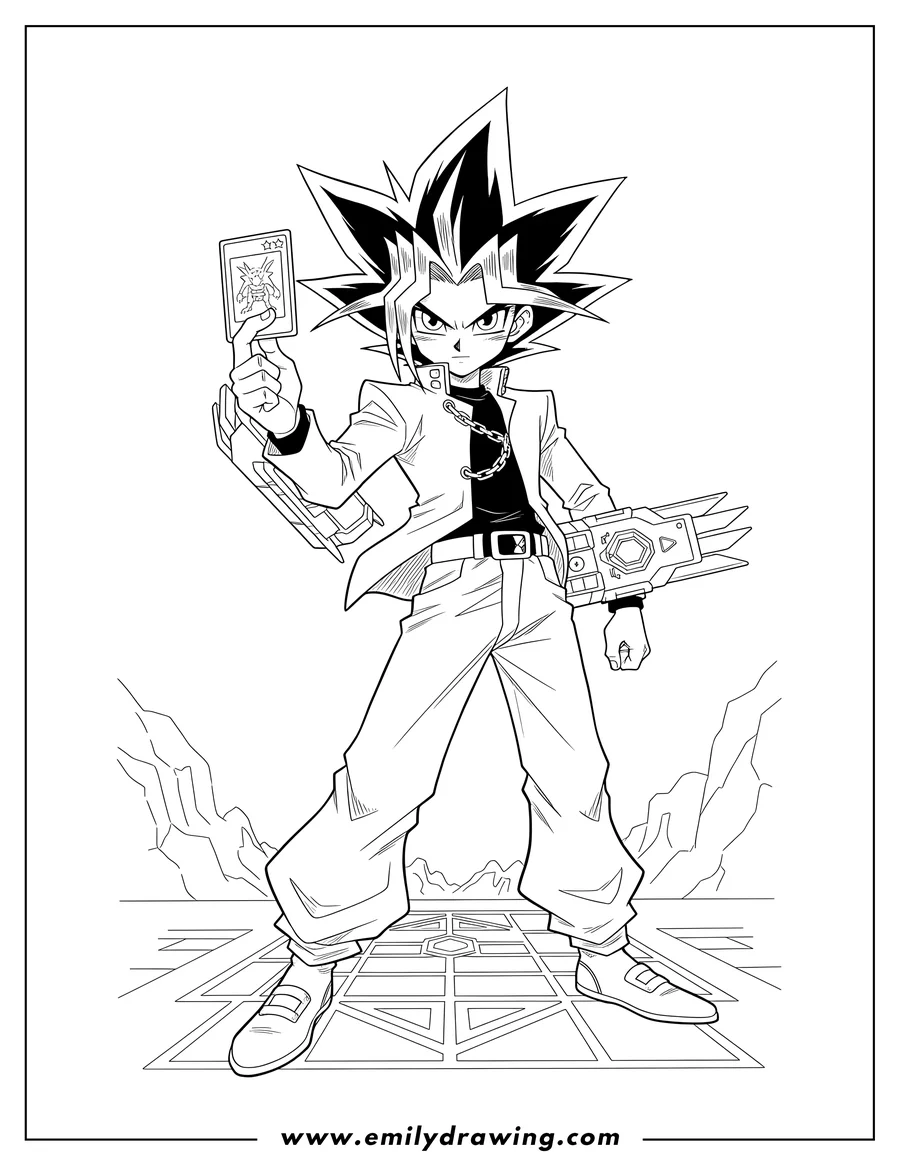Vector style outline of yugi Mutou with a duel disk, holding a card for a Duel Monsters battle