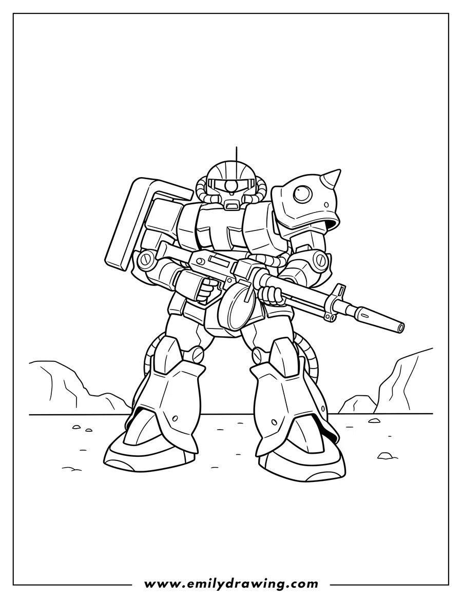 Outline drawing of easy Zaku Ii Gundam holding a machine gun