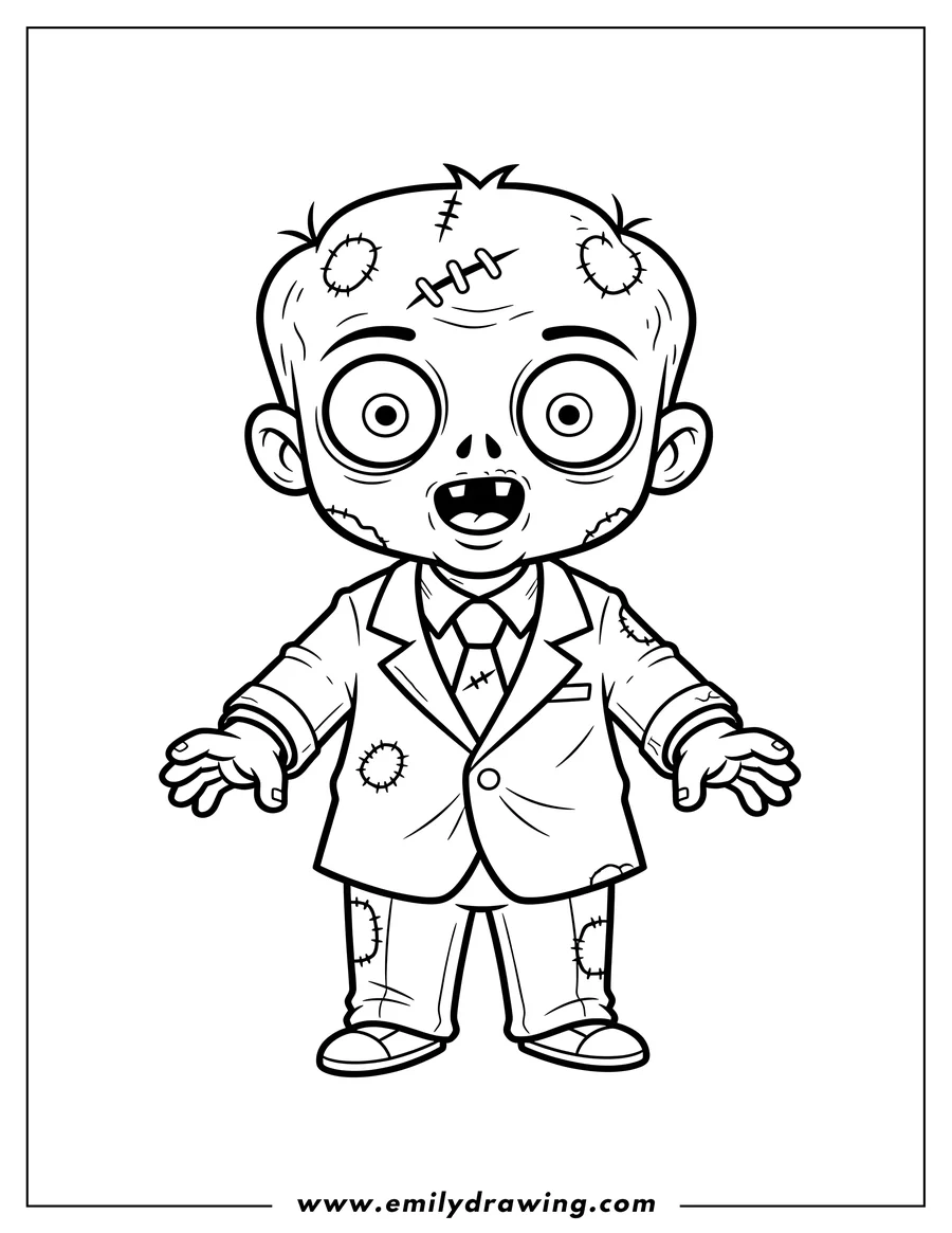 High quality printable easy Zombie Business Suit Preschoolers, standing with stitches on its head, big eyes, and an open mouth for coloring