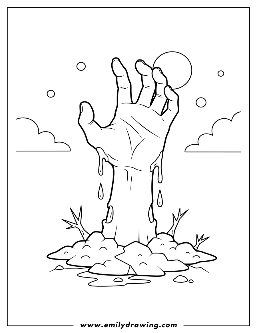 Free printable coloring sheet of zombie Hand Rising From Earth, with drips