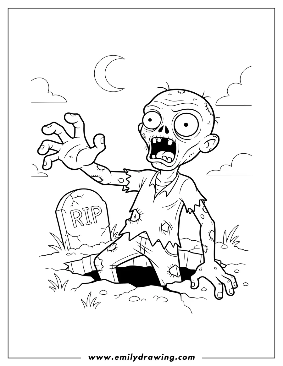 Black and white line art of zombie Rising From Grave, with an outstretched arm and open mouth