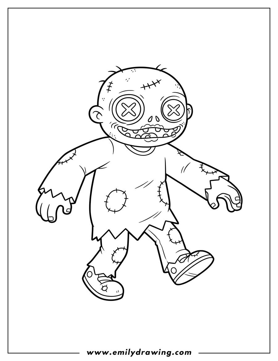 PDF style coloring page: easy Zombie With Stitches, with X-eyes and a zig-zag mouth, walking