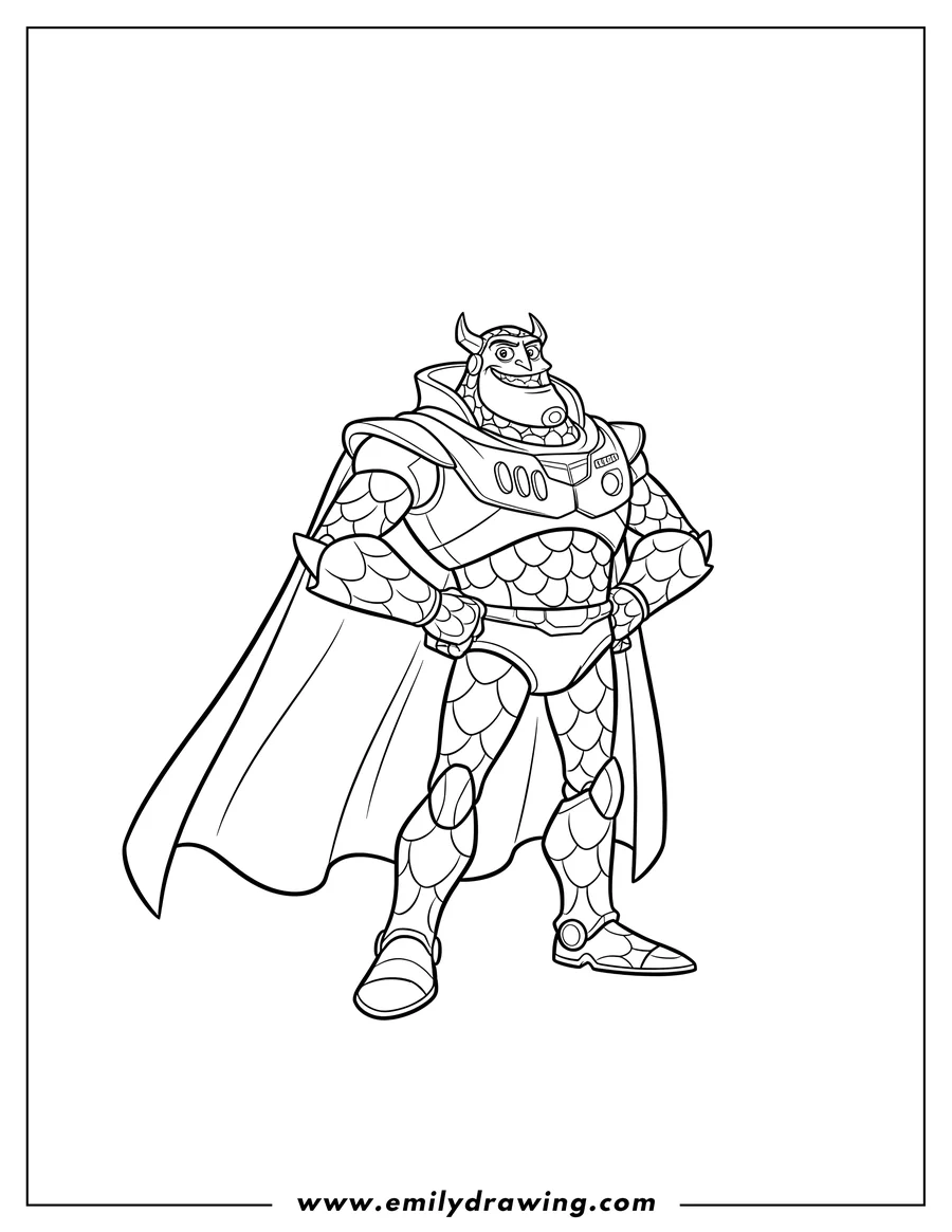 Free printable coloring sheet of zurg From Toy Story Scaled, standing with hands on his hips and wearing his cape