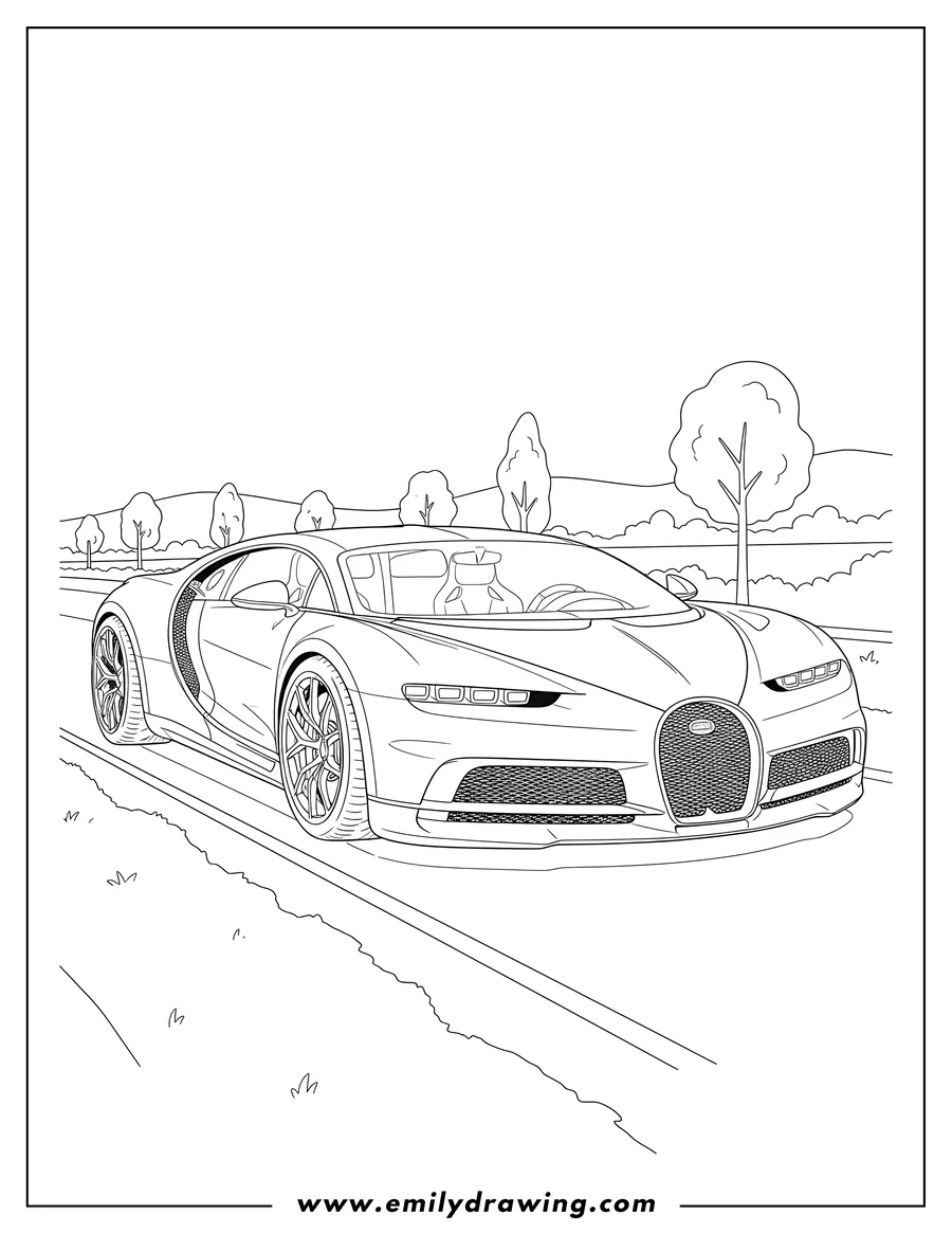 Outline drawing of bugatti Eb Concept On Road, front-side view, with detailed wheels