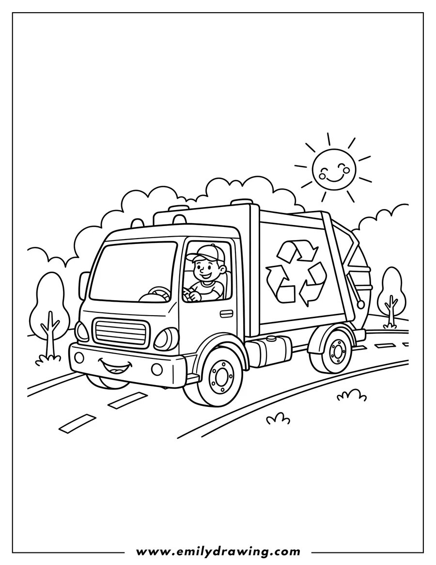Printable coloring page of eco Friendly Garbage Truck with Recycling Symbol and Driver in a Cap driving on a Road