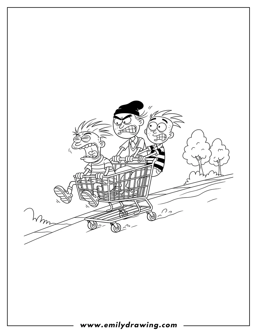 Free to print drawing of ed, Edd n Eddy riding a shopping cart, with Ed screaming and Edd looking angry
