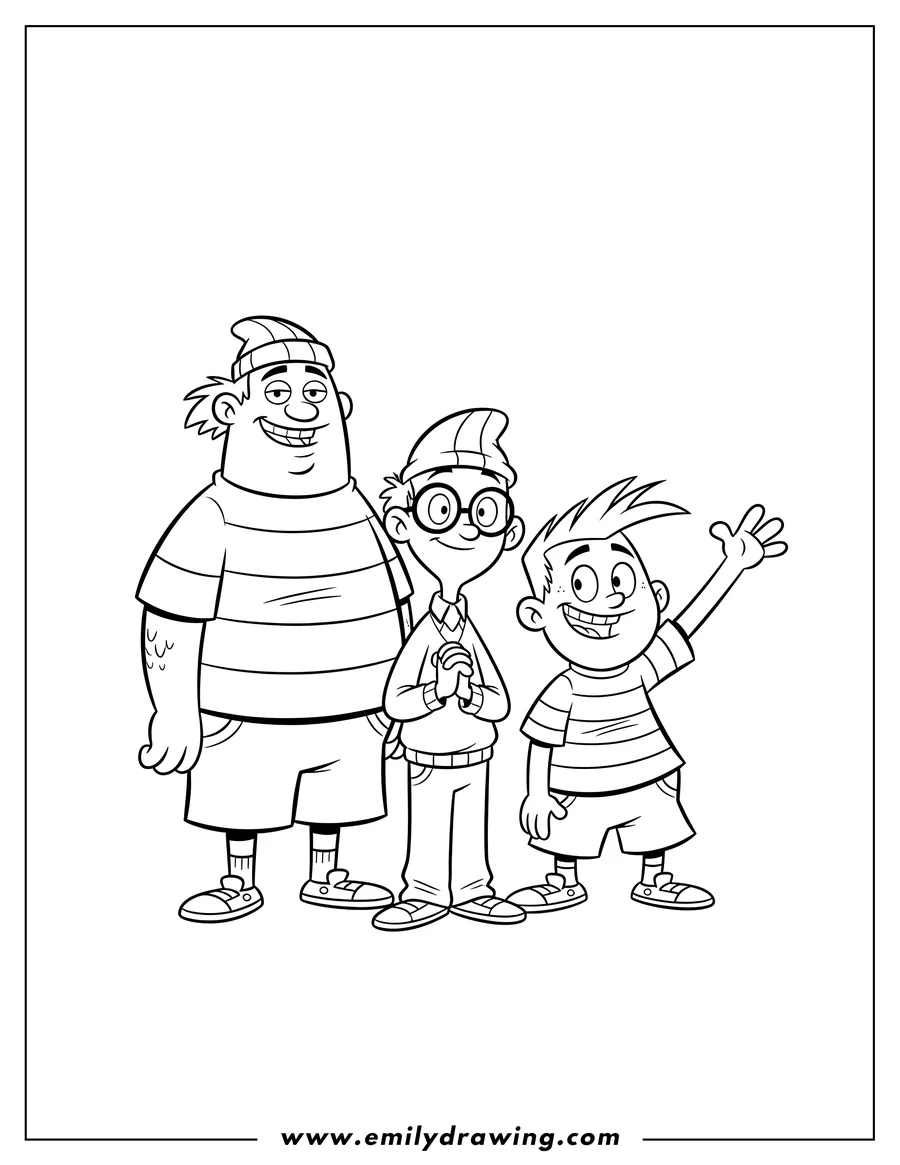 Linear illustration of easy Outline Cartoon Network Ed Edd N Eddy smiling and standing together