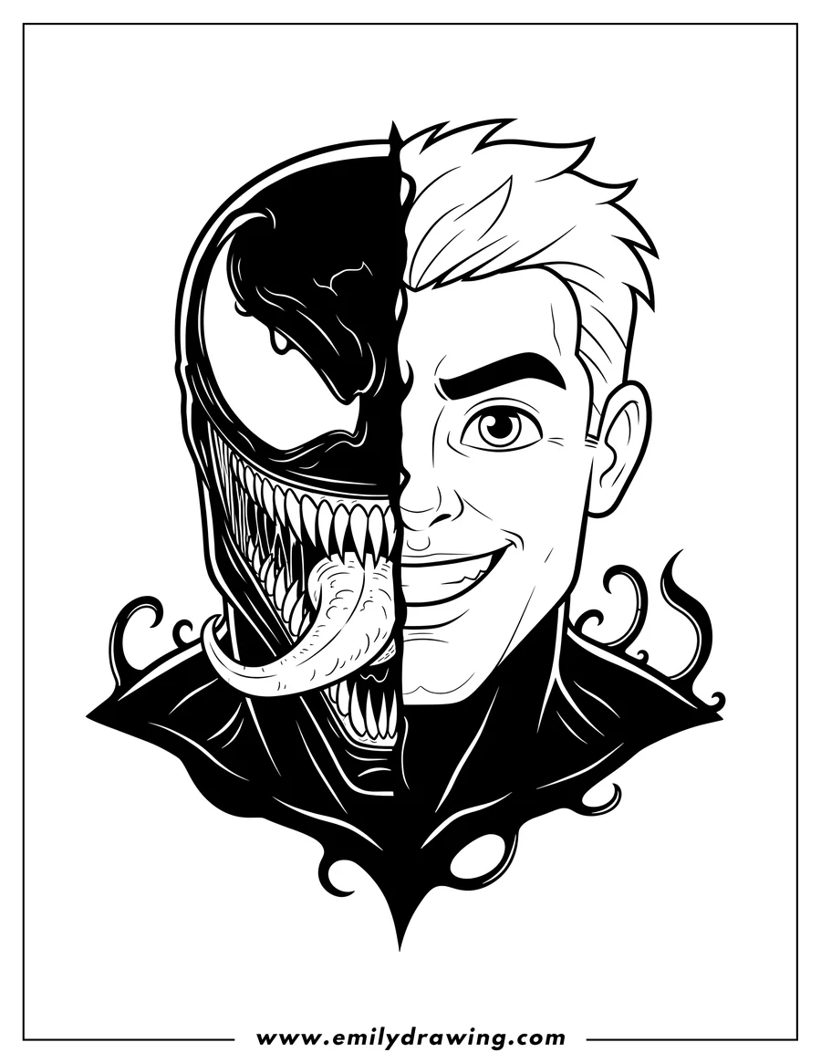 PDF style coloring page: eddie Brock as Venom with a split face