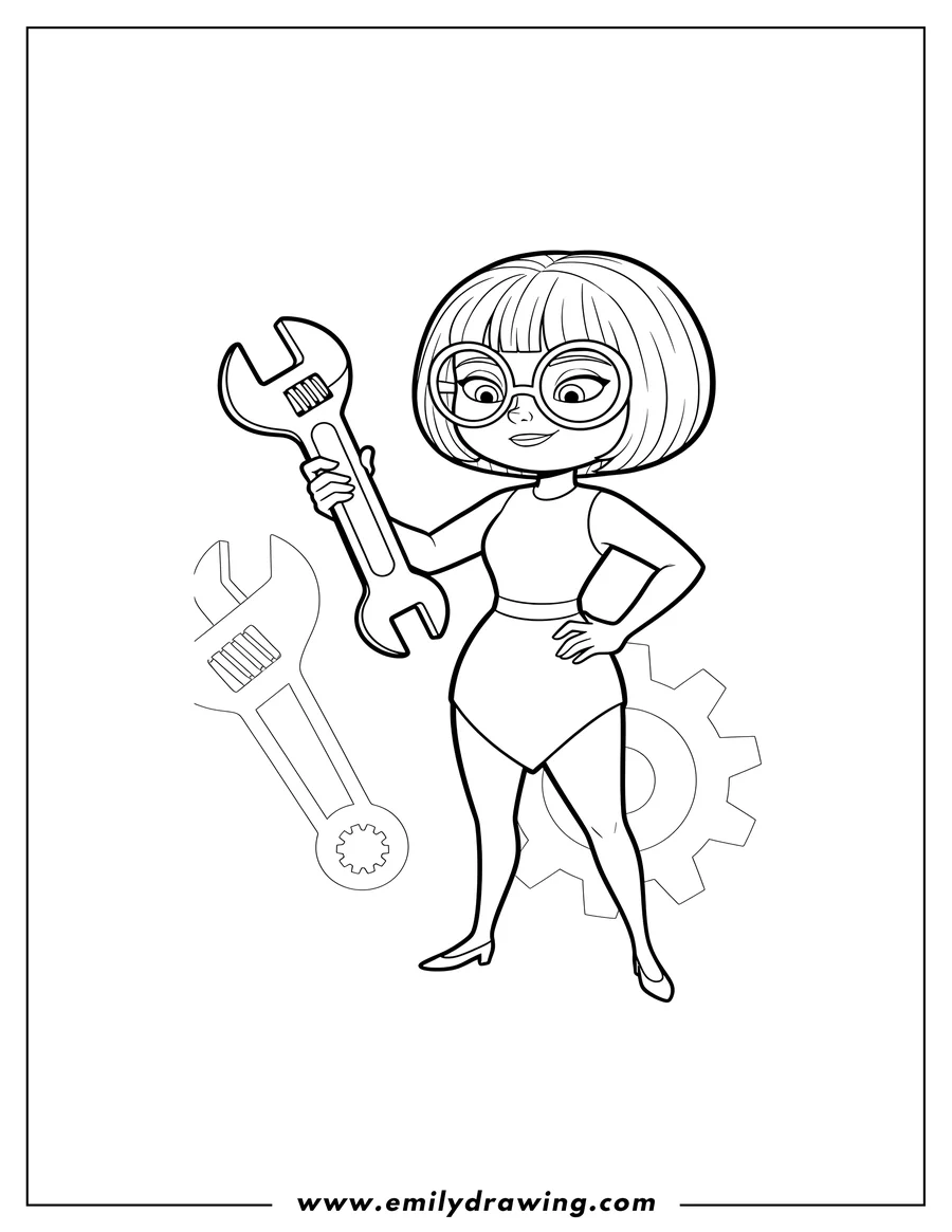 Vector style outline of edna E Mode holding a wrench