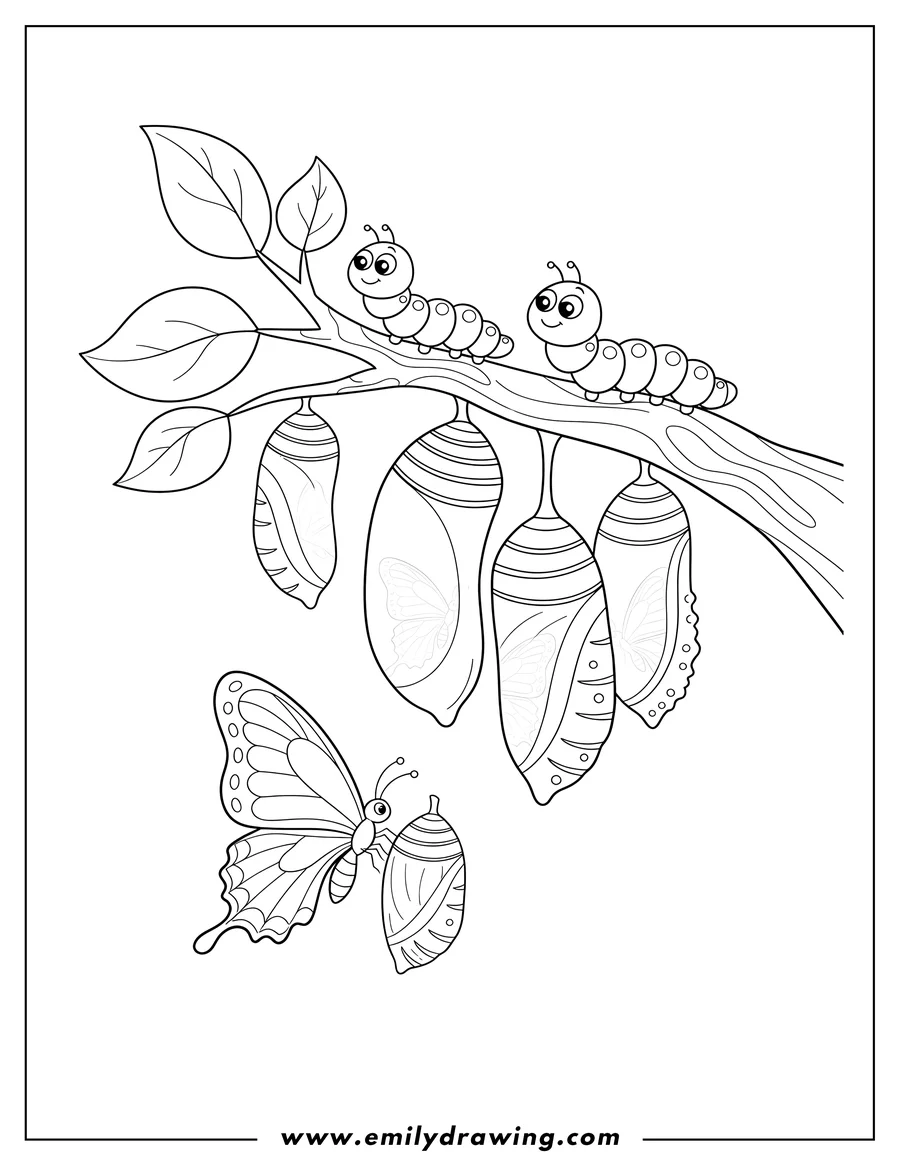 Free to print drawing of educational Caterpillar chrysalises hanging from a branch