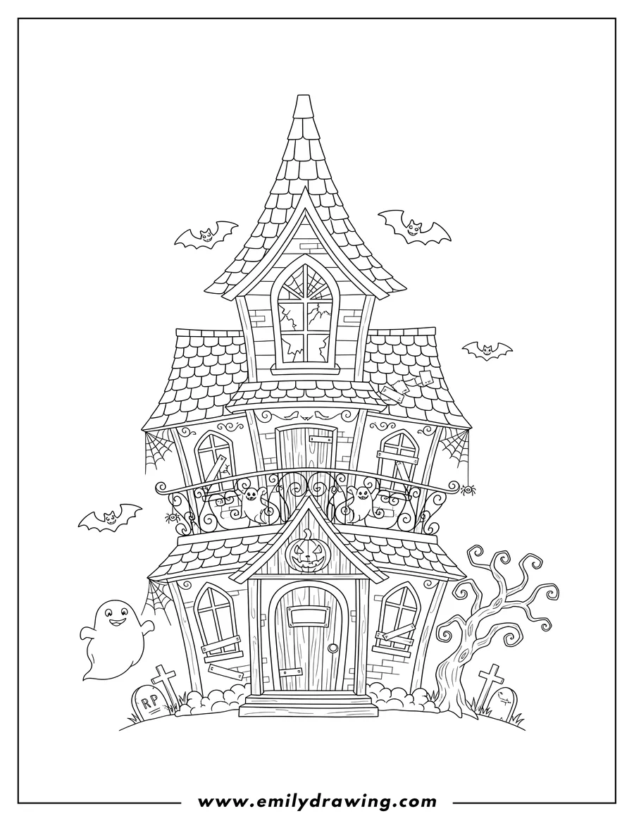 Free to print drawing of eerie Haunted House Scaled, with a tall pointed roof, arched dormer window, and decorative railing