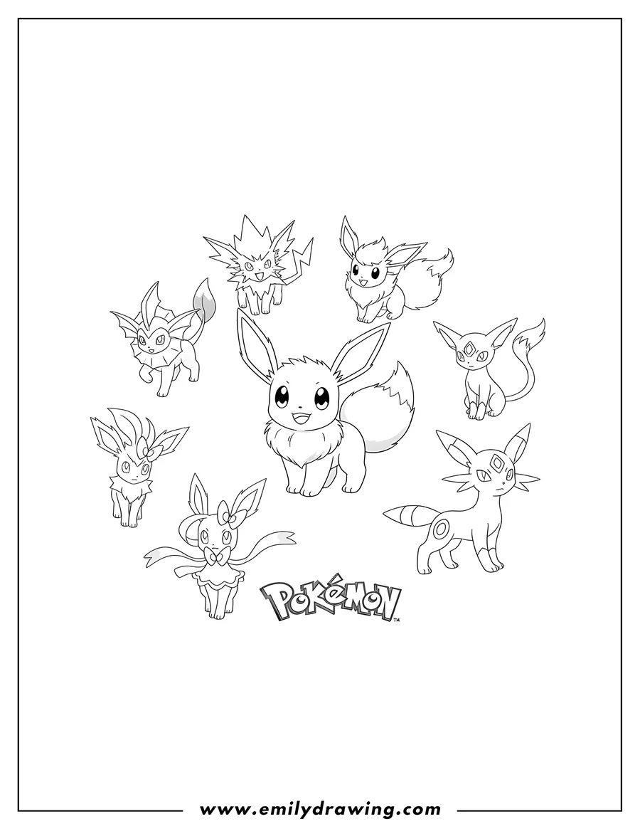 Printable line art of eevee and all its evolutions surrounding a 'Pokemon' logo
