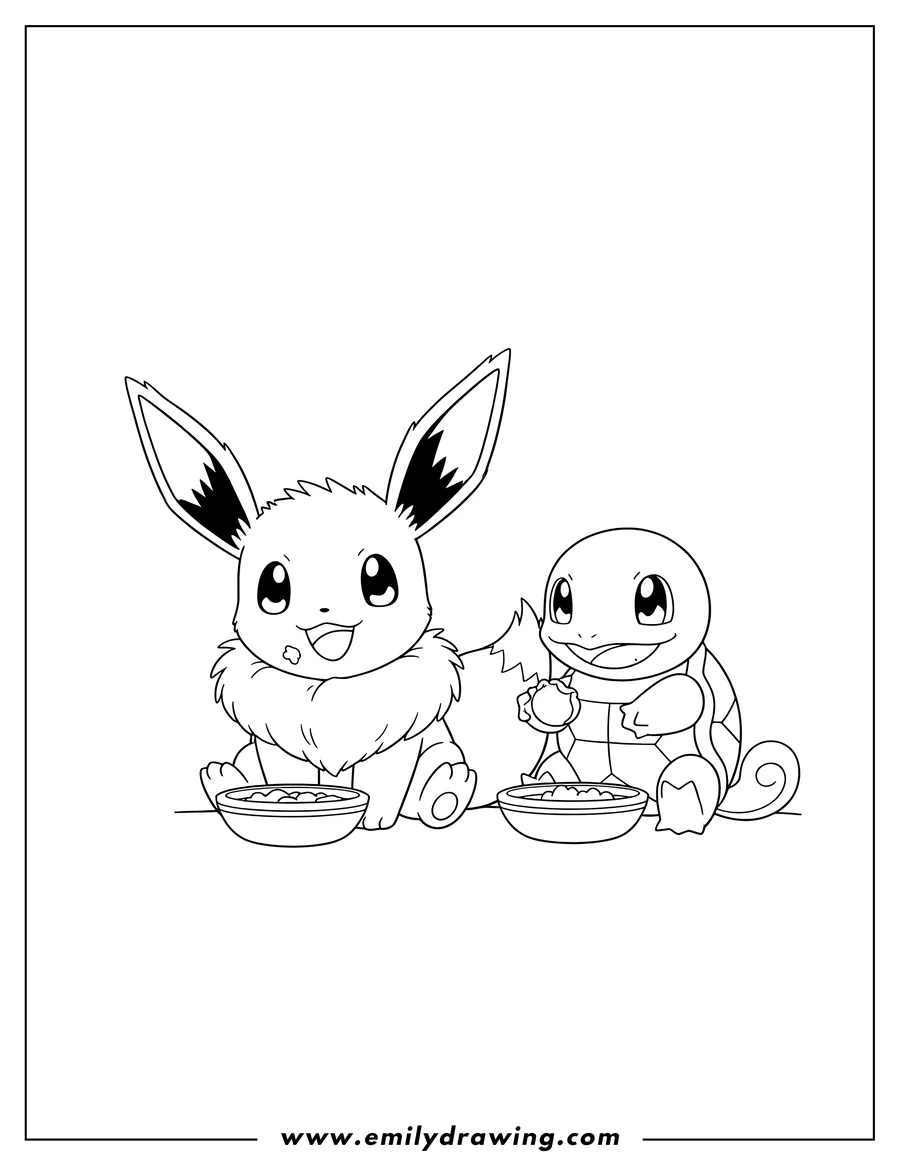 Full page coloring image of eevee and Squirtle eating from bowls, Squirtle holding food
