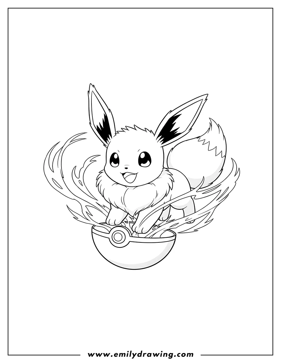 Black and white line art of eevee Summoned From Pokeball, smiling and crouching near a Poké Ball