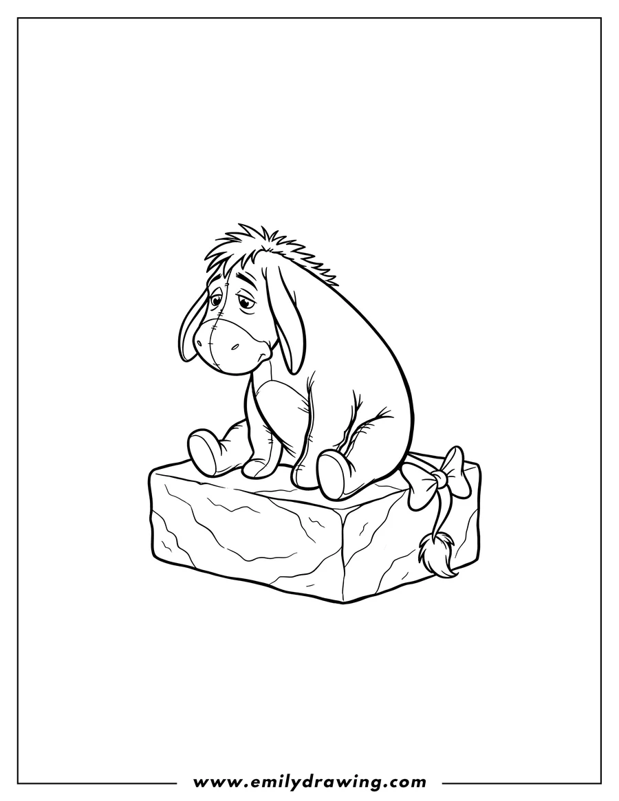 Outline drawing of eeyore from Tv Shows sitting on a block with his tail