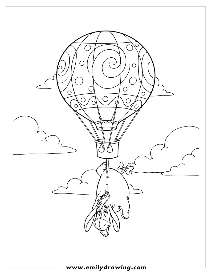 Coloring page of eeyore hanging upside down from a balloon in the sky
