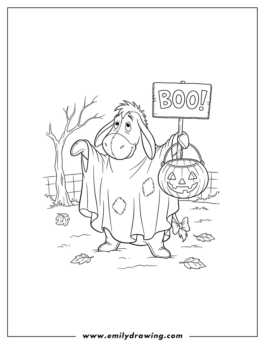 Outline drawing of eeyore in a ghost costume holding a Boo sign and a pumpkin candy pail