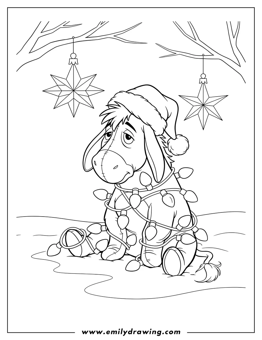Linear illustration of eeyore in a Santa hat, sitting and tangled in Christmas lights