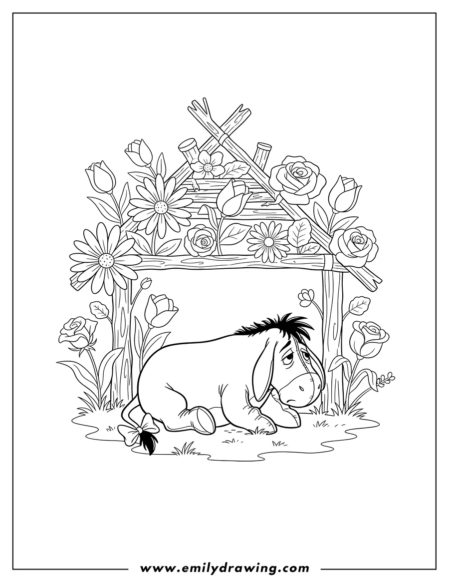 Simple sketch of melancholy Eeyore resting on his side under a flower-covered stick house to color