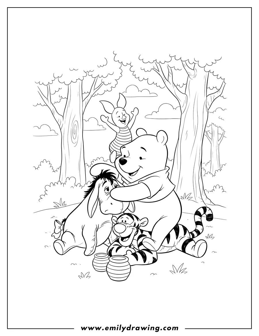 Printable coloring page of eeyore, Pooh, Roo, Tigger, and Piglet happily piled together, with Pooh hugging Eeyore and Roo waving, in the Hundred Acre Wood