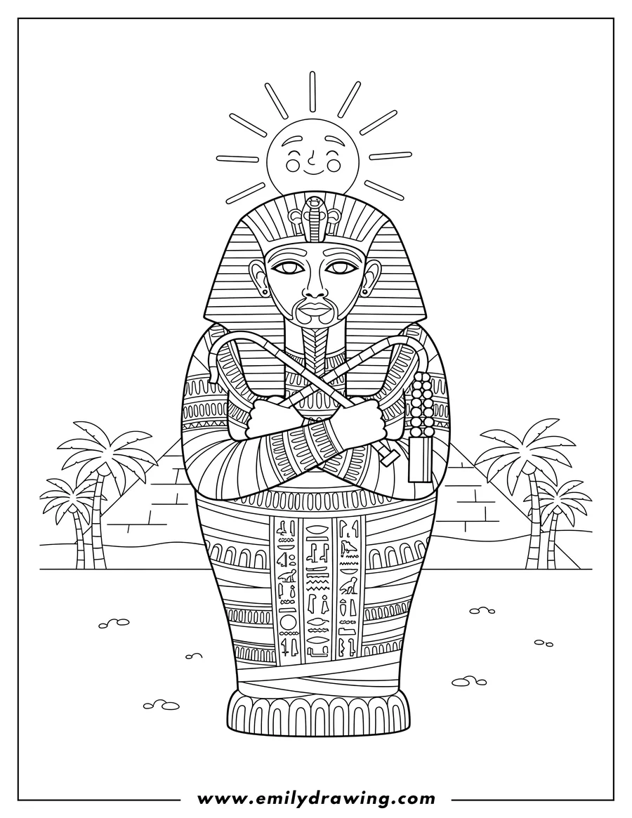 PDF style coloring page: egyptian mummy-shaped sarcophagus of a pharaoh holding a crook and flail, under sun