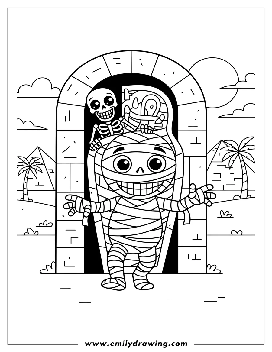 Clean line drawing: egyptian Mummy with a scary grin walking out of its tomb, with a skeleton peeking from inside