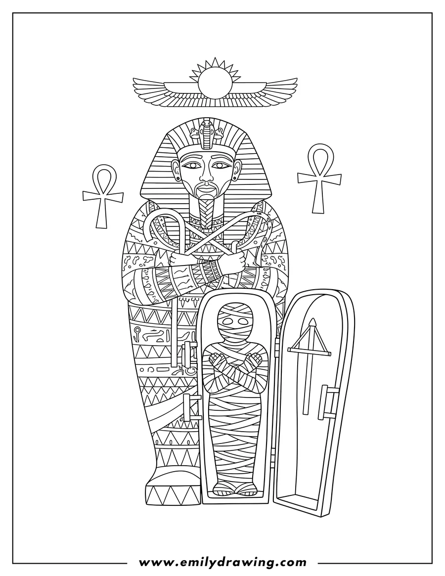 Printable coloring page of egyptian Pharaoh Sarcophagus holding a crook and flail, with a mummy in an open inner coffin