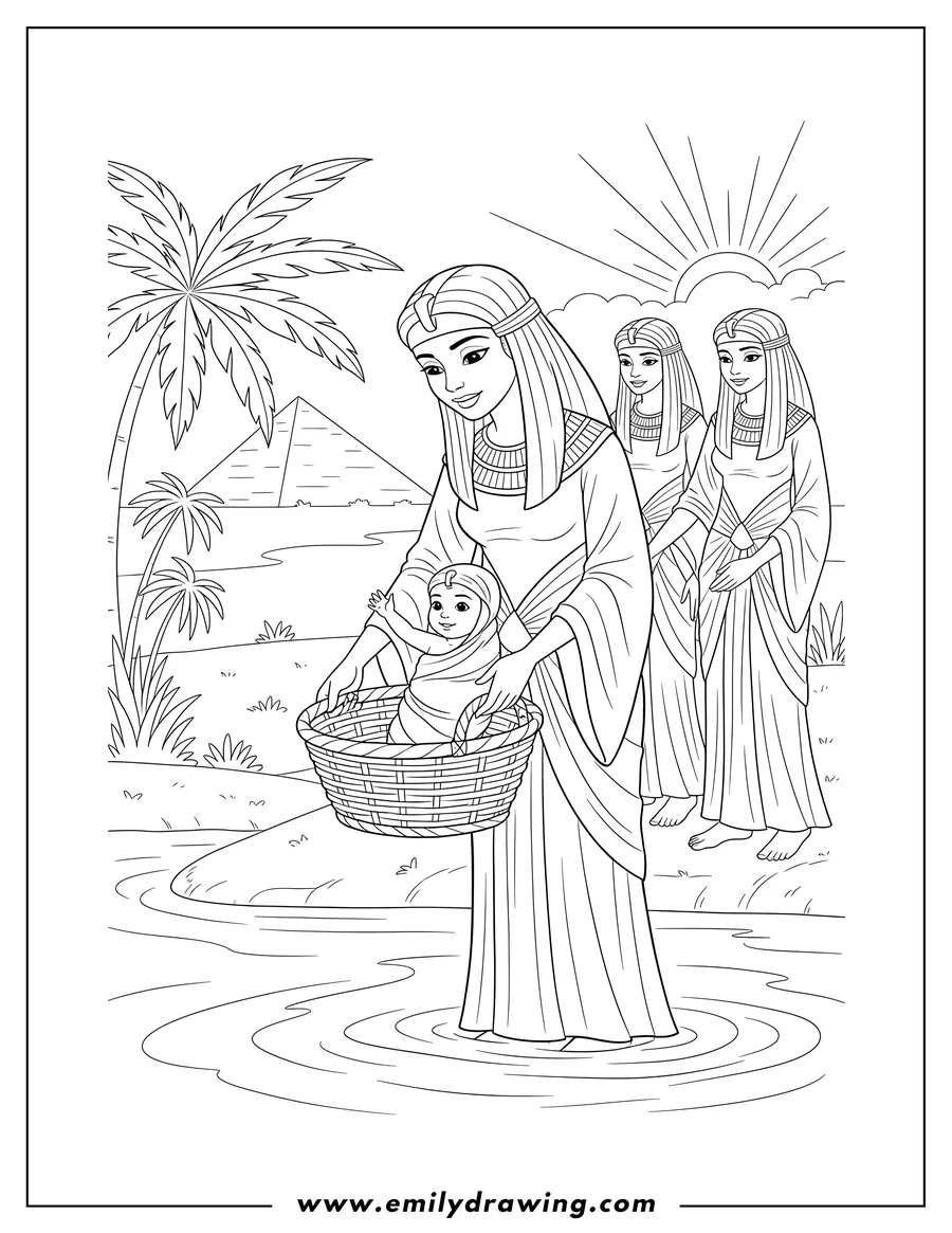 Black and white line art of egyptian Women Finding Baby Moses Nile, a woman lifting baby Moses from his basket
