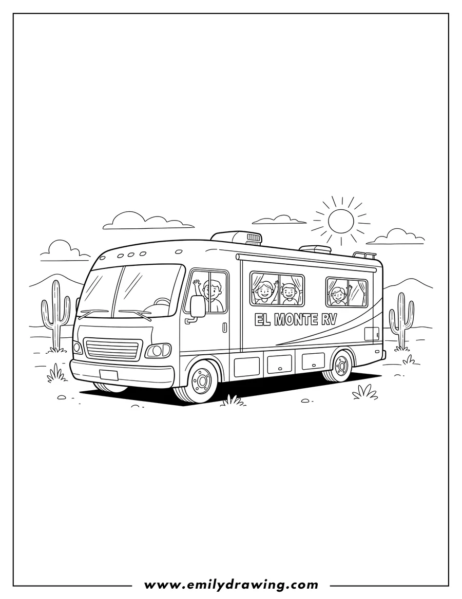 Doodle style coloring picture of el Monte RV motorhome parked desert
