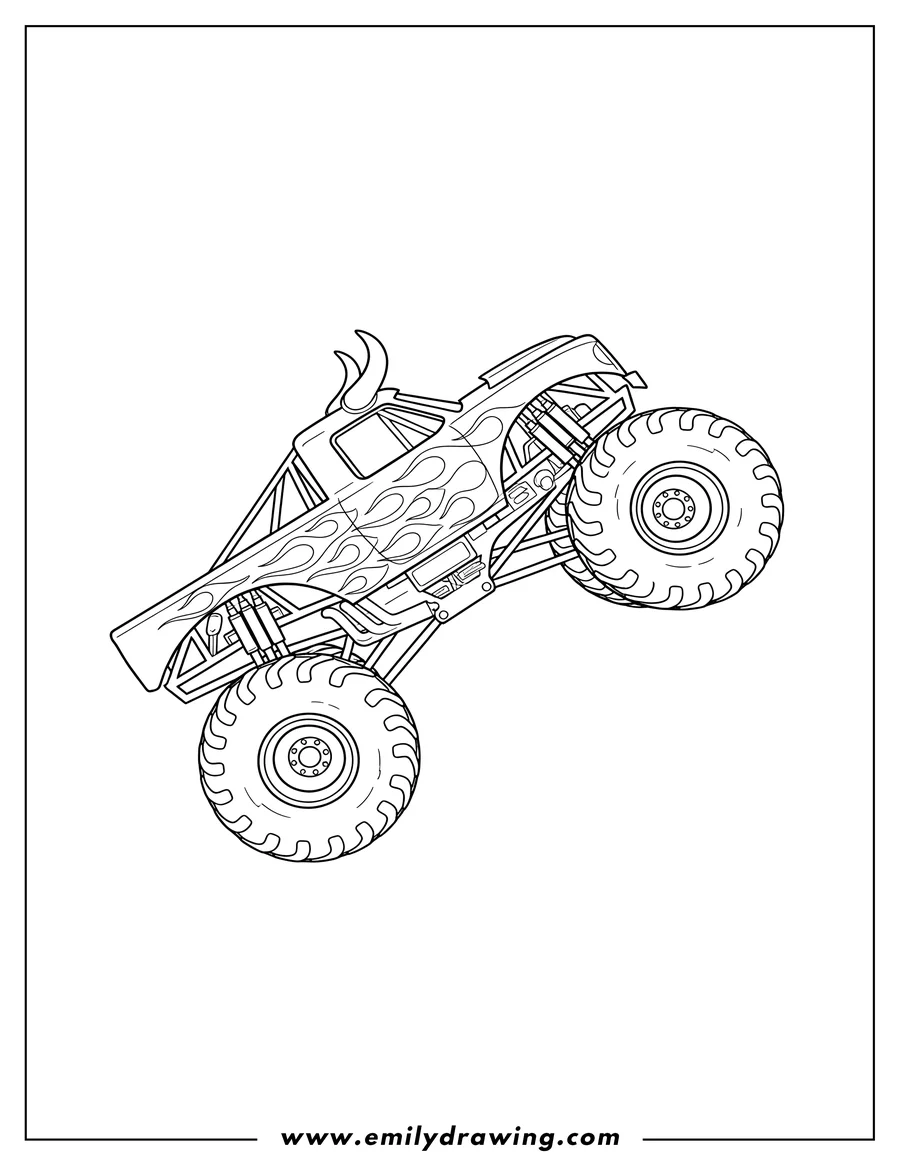 High quality printable el Toro Loco Monster Jam Truck On Rear Wheels, with flames on its side for coloring