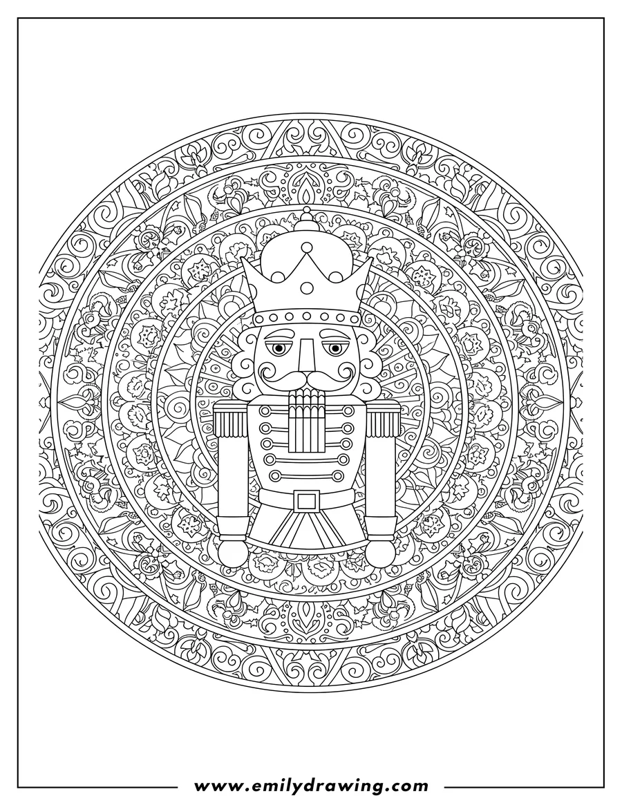 Printable coloring page of elaborate King Nutcracker Mandala