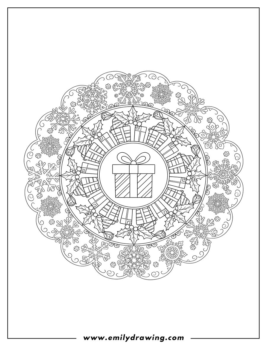 High quality printable elaborate Christmas Mandala with concentric rings of presents, hollies, stockings, and snowflakes for coloring