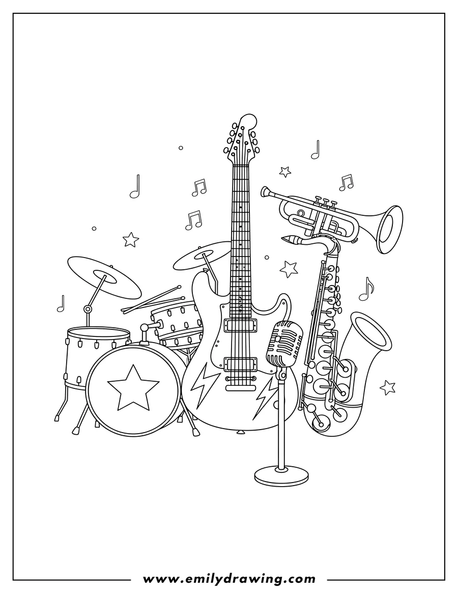 Free to print drawing of electric Guitar, Drum with drumsticks, Trumpet, Saxophone, and stand Microphone